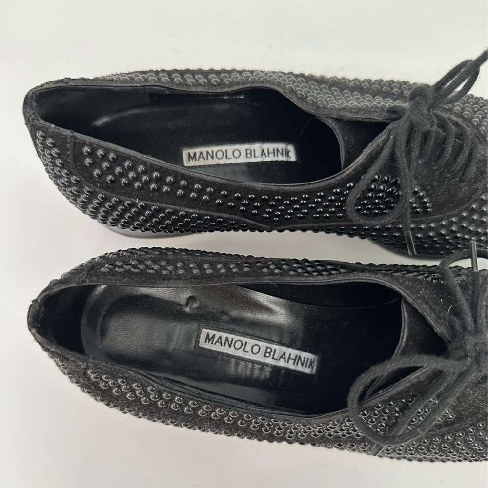 Manolo Blahnik Black Suede Oxford Studded Lace Up Shoes - Picture 7 of 11